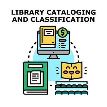 Library cataloging and classification system organizing education books Stock Illustration