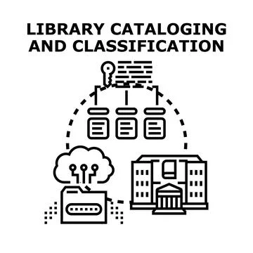 Library cataloging and classification system organizing documents, books, and Stock Illustration