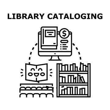 Library cataloging system managing books data online Stock Illustration