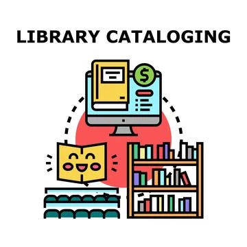 Library cataloging system managing books data online Stock Illustration