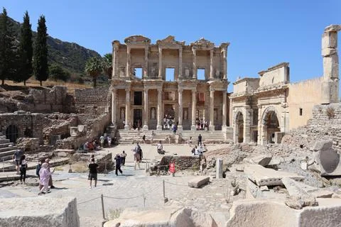 The Library of Celsus and the Gate of Augustus in Ephesus Stock Photos