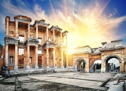 Library of Celsus in Ephesus with a setting sun Stock Photos