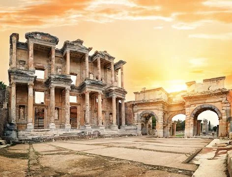 Library of Celsus in Ephesus with the setting sun Stock Photos