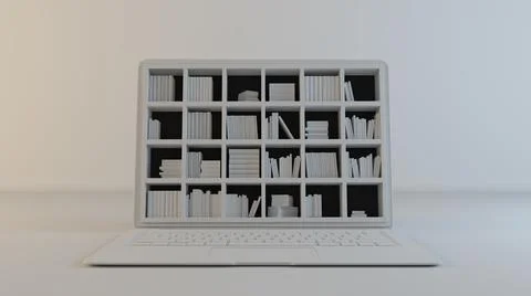Library on computer screen clean white, grey background 3d rendering Stock Illustration