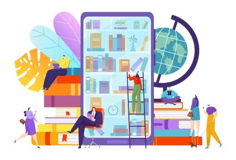 Library with digital book technology, vector illustration. Online education 스톡 일러스트