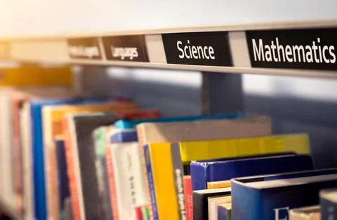 Library education reference books on math and science STEM subjects 스톡 사진