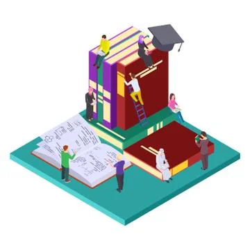 Library, education vector isometric concept. Illustration of students and books イラスト素材