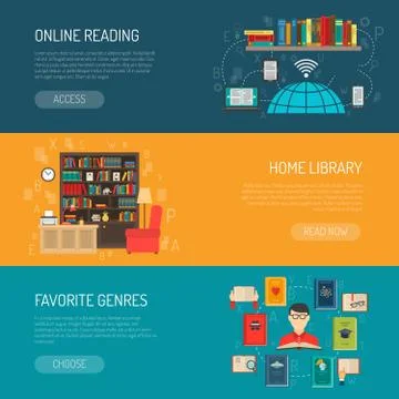 Library Flat Banners Set Stock Illustration