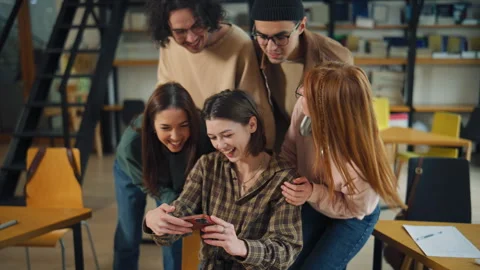 Library, friends, selfie, group, laughter, study, afternoon, joy, smiling, casua Stock Footage 337167501