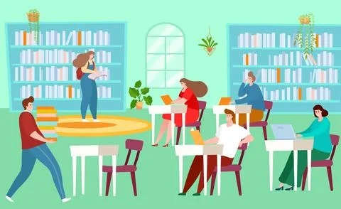 Library interior with books, vector illustration, flat woman man character get Ilustração Stock