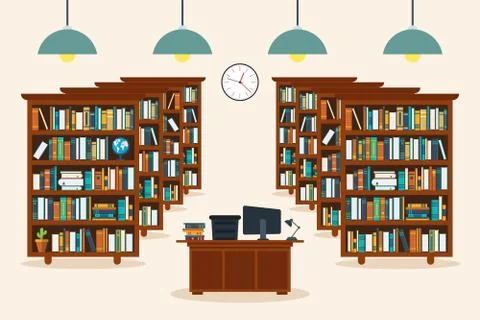 Library interior. Education concept. Vector illustration in flat design. Stock Illustration