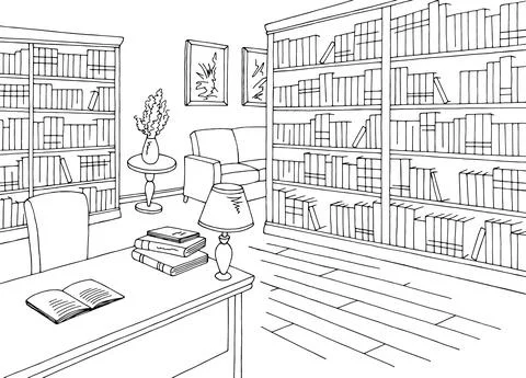 Library interior graphic black white sketch illustration vector  イラスト素材