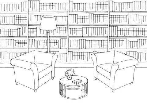 Library interior graphic black white sketch illustration vector Stock Illustration