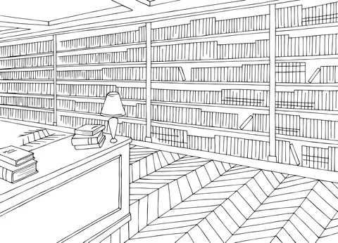 Library interior graphic black white sketch illustration vector Иллюстрация