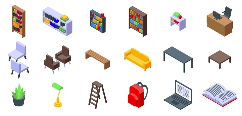 Library interior icons set. Isometric library furniture set creating a cozy a Stock Illustration