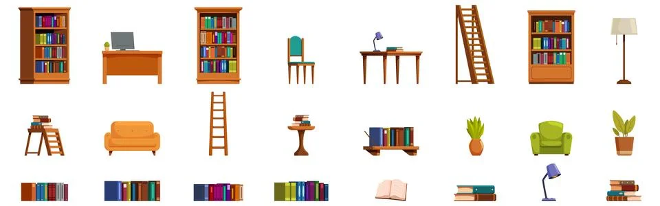 Library interior icons set. Library furniture collection creating a cozy read Stock Illustration