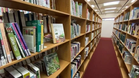 Library - Interior - Pan of Book Stacks Stock Footage 174409932
