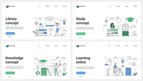 Library knowledge and study, online learning set, tiny students sitting on clock Stock Illustration