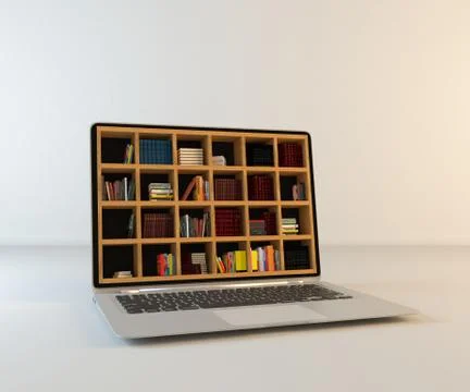 Library in laptop screen realistic 3D rendering Stock Illustration