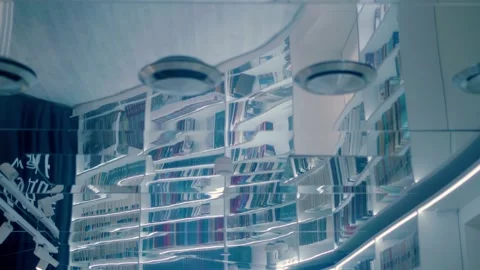 A library with many books on shelves, which are reflected in a mirrored ceiling Stock Footage 323967016