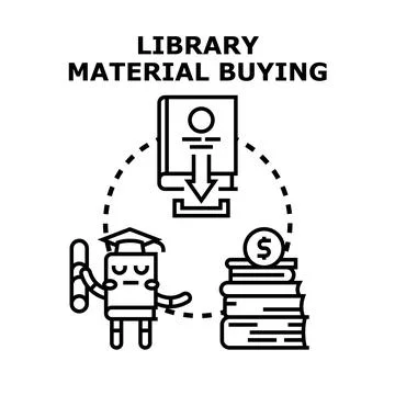 Library material acquiring, purchasing, and knowledge investment Illustrazione stock