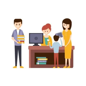 Library Or Bookstore With People Using Help Of Librarian To Choose The Books 스톡 일러스트