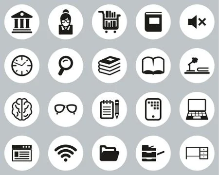 Library Or Study Icons Black &amp; White Flat Design Circle Set Big Stock Illustration