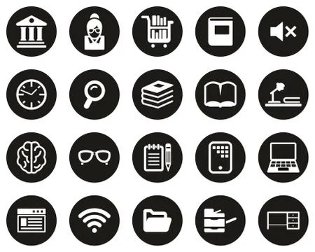 Library Or Study Icons White On Black Flat Design Circle Set Big Stock Illustration