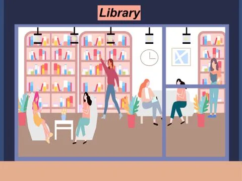 Library with people reading books, vector graphics Stock Illustration