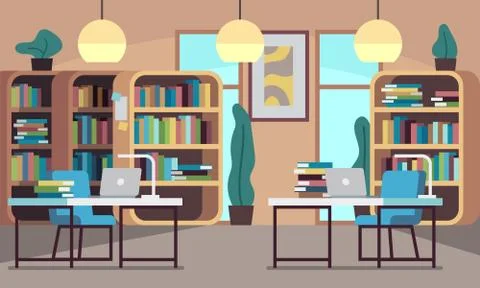 Library. Public reading room with bookcase, bookshelves, wooden desks, chairs Illustrazione stock