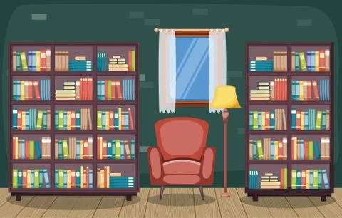 Library Room Interior Stack of Book on Bookshelf Flat Design 스톡 일러스트