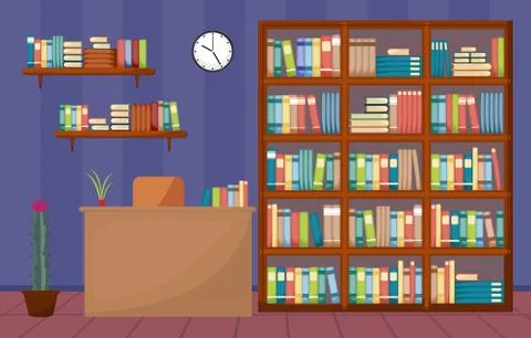 Library Room Interior Stack of Book on Bookshelf Flat Design 스톡 일러스트