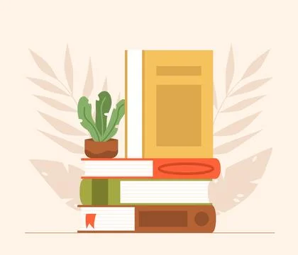 Library, school and education concept. Books pile and plant in pot. Self study Stock Illustration