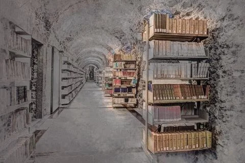 Library setting with books and reading material Illustrazione stock