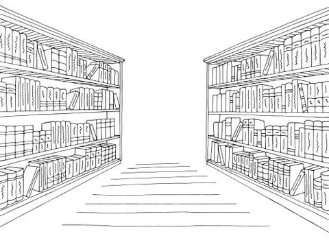 Library shelf graphic black white interior sketch illustration vector  Stock Illustration