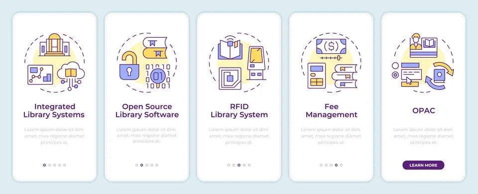 Library software onboarding mobile app screen Illustrazione stock