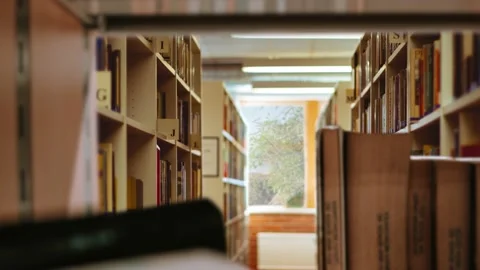 Library Stack of Books Zoom Out Bookshelves Stock Footage 158102032