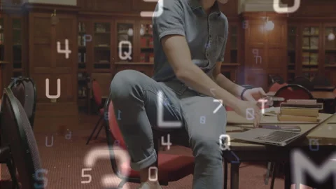 Library student typing on laptop showing floating code in tech grabbing phone Stock Footage 312280780