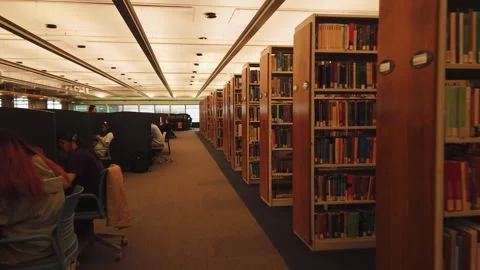  Library, students studying in study areas with subdued artificial lighting. Stock Footage 314329493