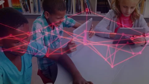 Library students tapping tablets and typing on laptop while red network lines Stock Footage 311506125