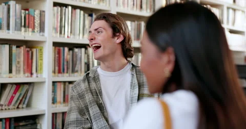 Library, study group and funny people in university, education and knowledge Stock Footage 249655358