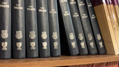 Library in the synagogue Shofar on the shelf. Stock Footage 261331535