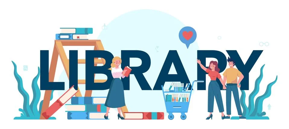 Library typographic header concept. Library staff holding and sorting Stock Illustration