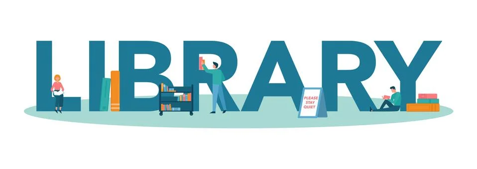 Library typographic header concept. Library staff holding and sorting Stock Illustration