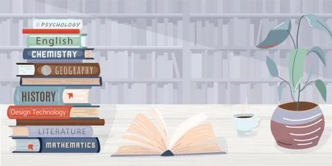 Library vector background. Pile books, open textbook, cup of coffee and plant 스톡 일러스트