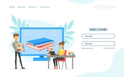 Library Web Page Template, Button Fields for Username and Password, Online Stock Illustration