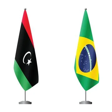 Libya and Brazil flags on flagpoles for official ceremonies and meetings Stock Illustration