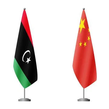 Libya and China flags on flagpoles for official ceremonies and meetings Stock Illustration