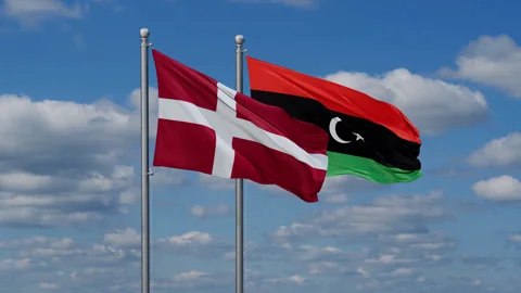 Libya and Denmark two flags 스톡 동영상 280239989