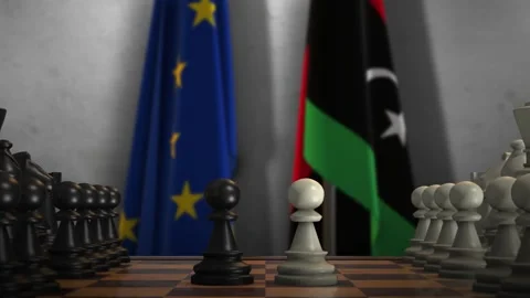 Libya And EU Flags. Politics And Conflict Concept Animation. Chess Board Game Stock Footage 276569017